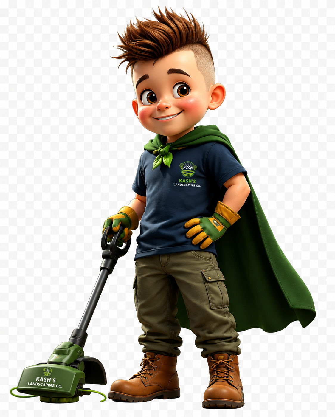 Kash the landscaping superhero character with green cape and lawn trimmer